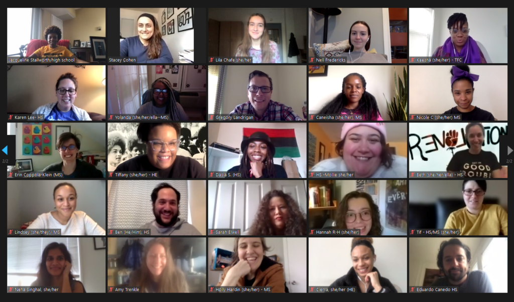 Screenshot of a zoom meeting, grid of smiling faces at a workshop