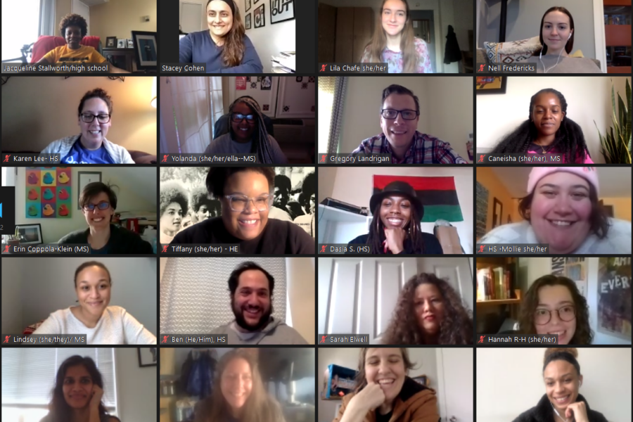 Screenshot of a zoom meeting, grid of smiling faces at a workshop