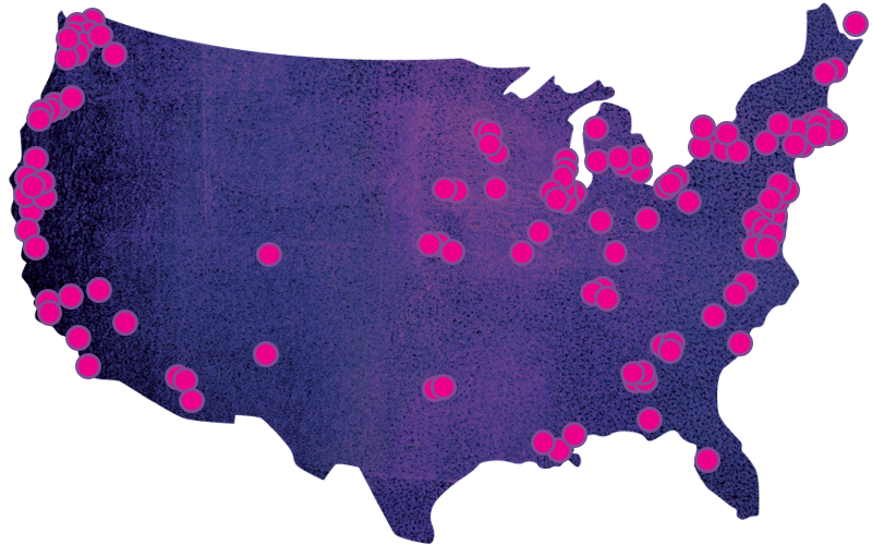 United States with pink dots indicating past and present study group locations
