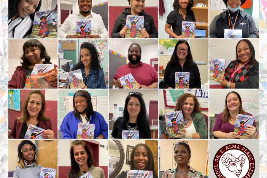 Grid collage of 19 member photos holding the Teaching for Black Lives book
